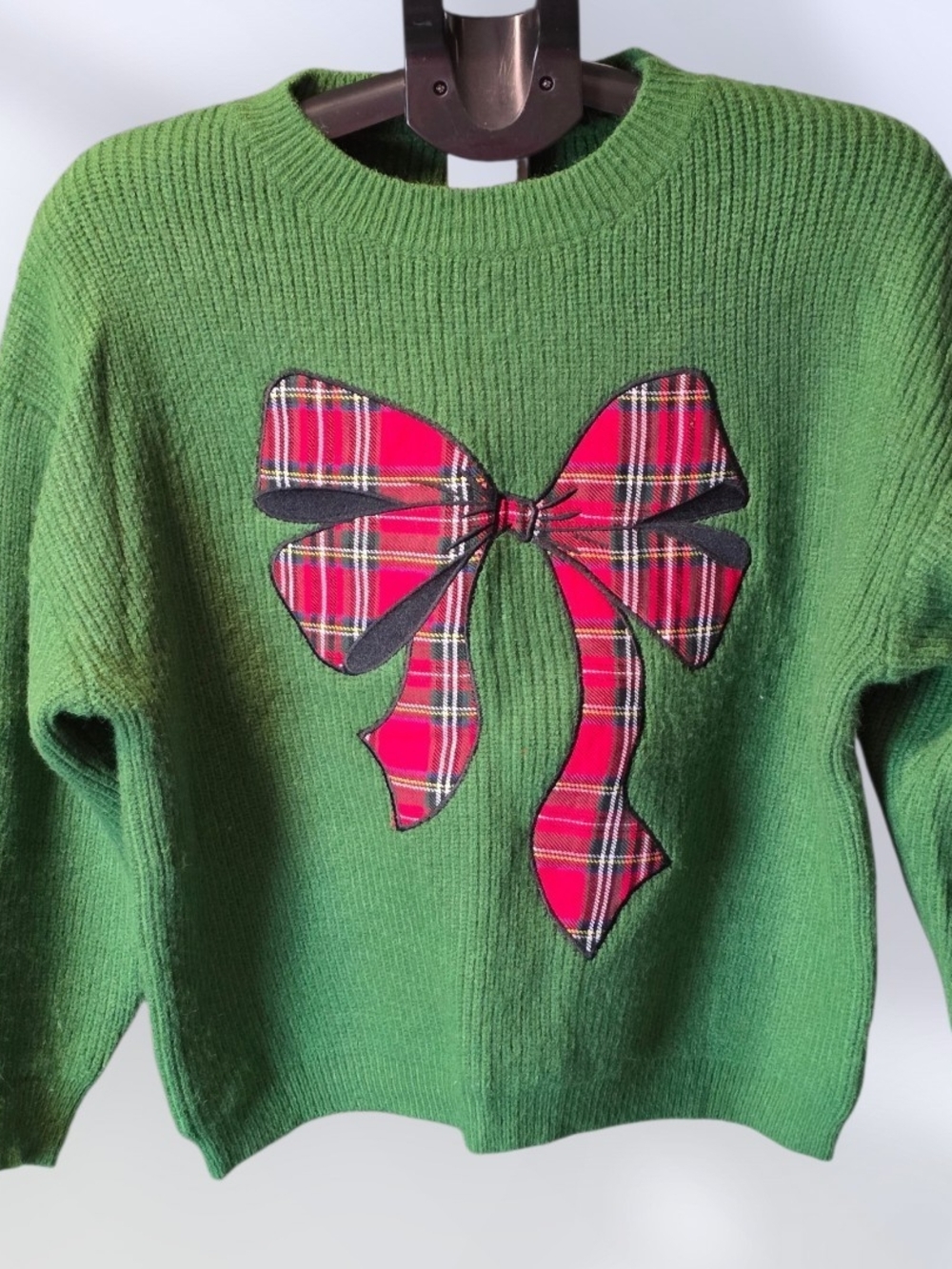 So Me Green Crewneck Sweater with Red Plaid Bow Appliqué